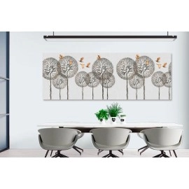 Tablou abstract peisaj copaci pasari auriu cupru