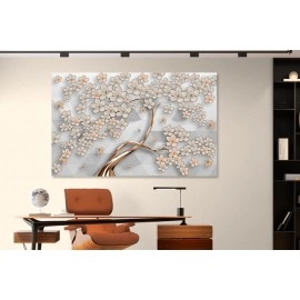 Tablou abstract copac flori gri-maro