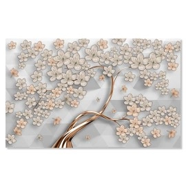 Tablou abstract copac flori gri-maro