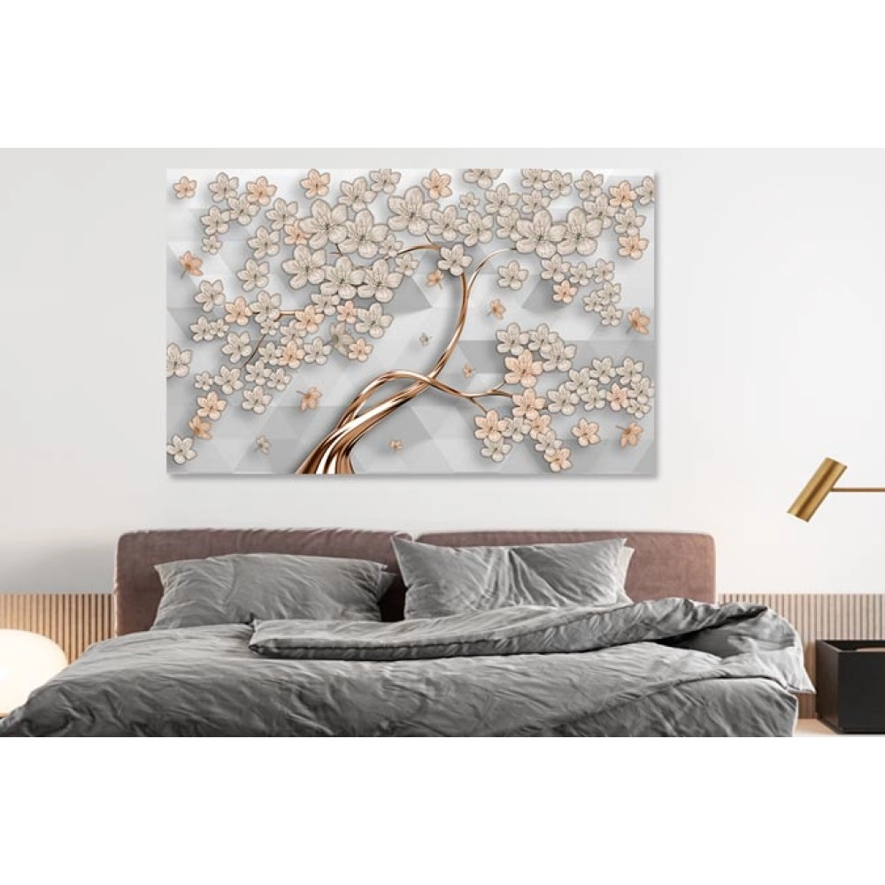 Tablou abstract copac flori gri-maro