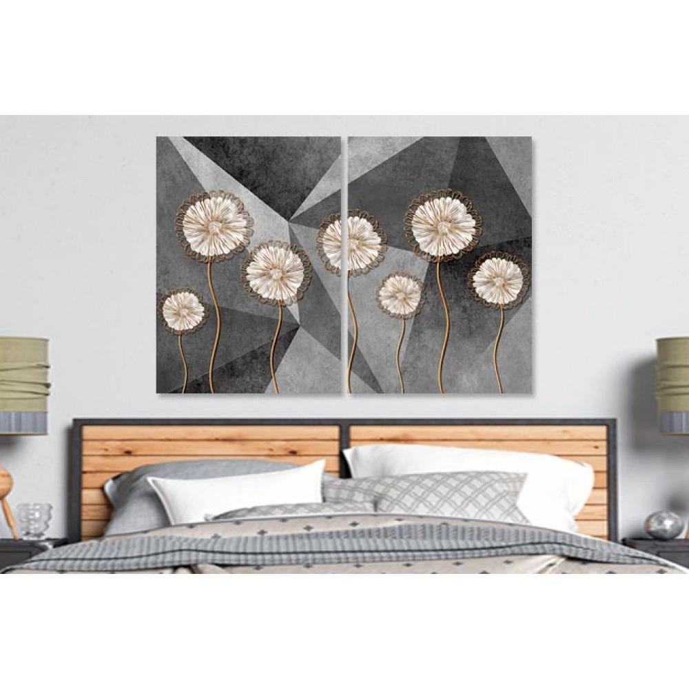 Tablouri fond gri flori albe cupru
