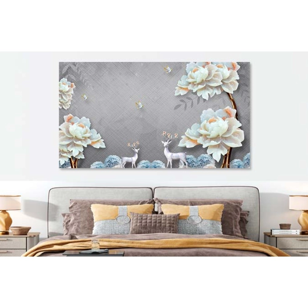 Tablou canvas bujori albi si cerbi