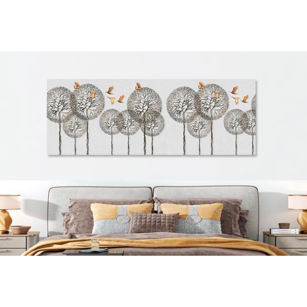 Tablou abstract peisaj copaci pasari auriu cupru