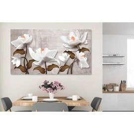 Tablou flori albe cu portocaliu si frunze