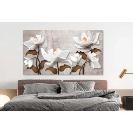 Tablou flori albe cu portocaliu si frunze