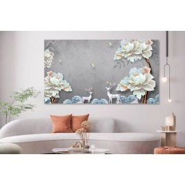 Tablou canvas bujori albi si cerbi