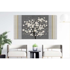Tablou copac cu flori albe si linii aurii