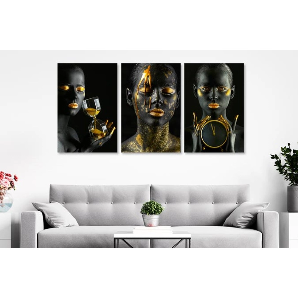 Tablouri canvas 3 piese fashion cu auriu